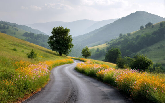 蜿蜒山路穿梭于彩花草地