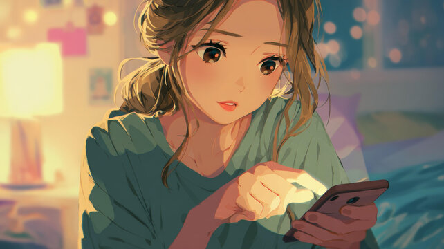 温馨房间里少女使用手机