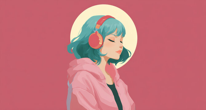 戴耳机聆听音乐的女孩