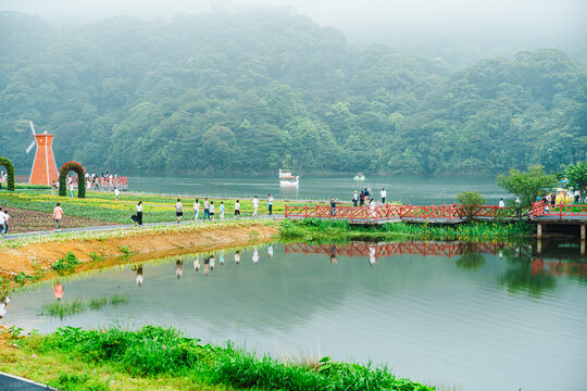 雾中湖畔休闲景