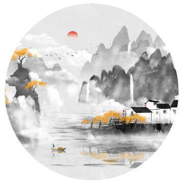 中式圆形水墨画