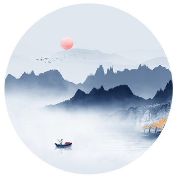 中式圆形水墨画