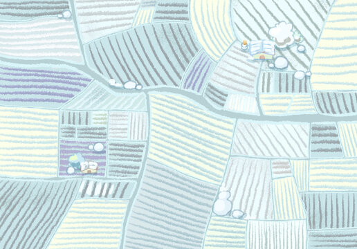 冬季俯瞰有小房子的田野插画