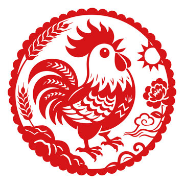 圆形生肖鸡剪纸窗花