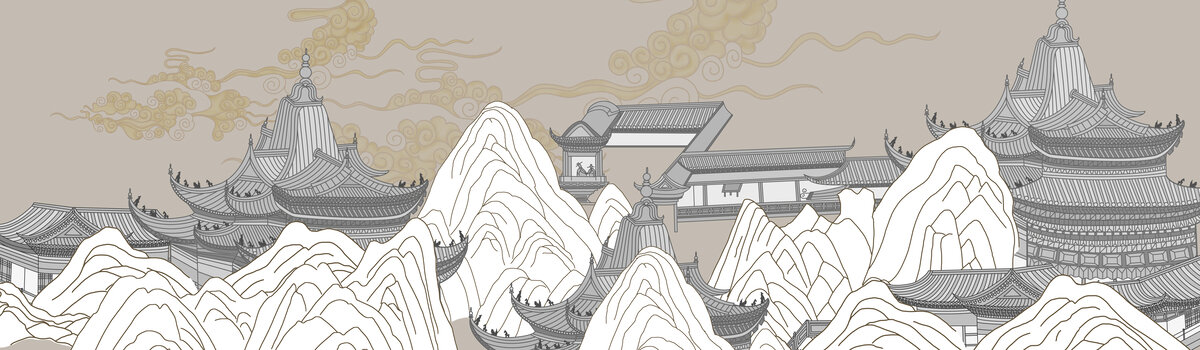 线条山水楼阁背景墙