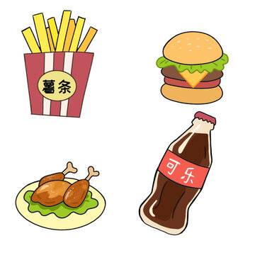 手绘简笔画薯条汉堡炸鸡腿可乐套餐