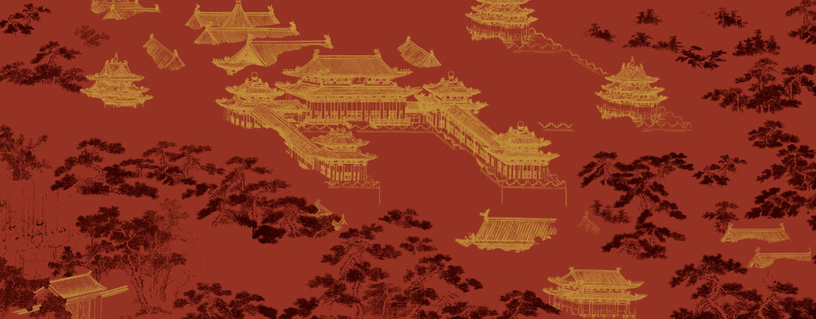 新中式线描山水阁楼松树背景墙