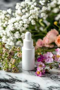 白色化妆品瓶花朵点缀大理石背景