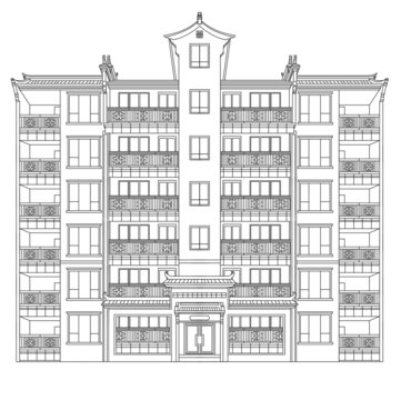 中式多层建筑立面线稿图
