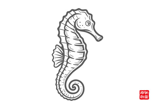 手绘简约线条海马图案