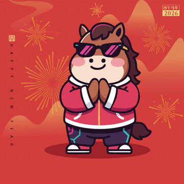 2026年卡通小马拜年形象双手合十祈祷