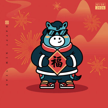 2026年马形象新春贺福插画贴纸对联