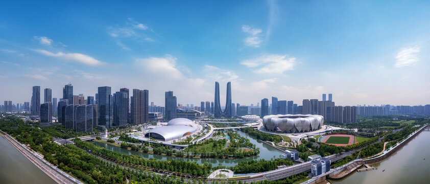航拍杭州现代建筑与体育场馆