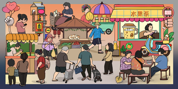赶集集市喝下午茶的人下午静圩