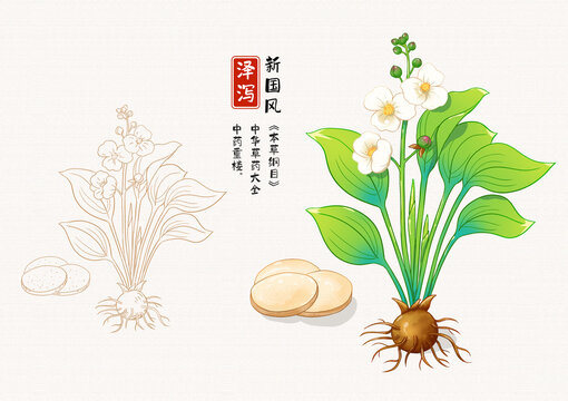 泽泻草药插画