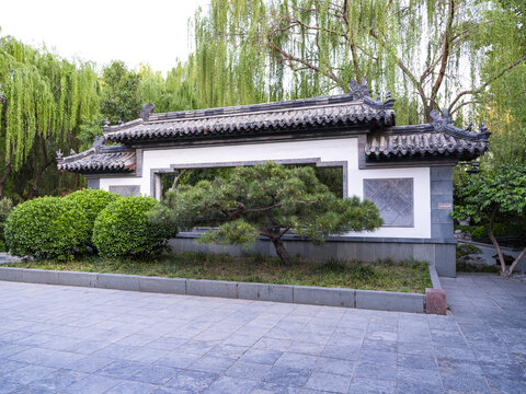 中式庭院景墙与松柳之美