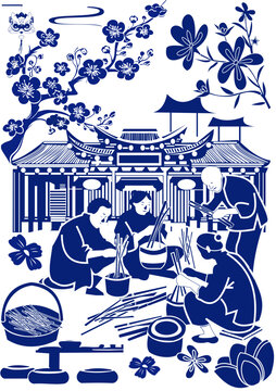 非遗剪纸安徽颍上管仲老街竹编手绘插画