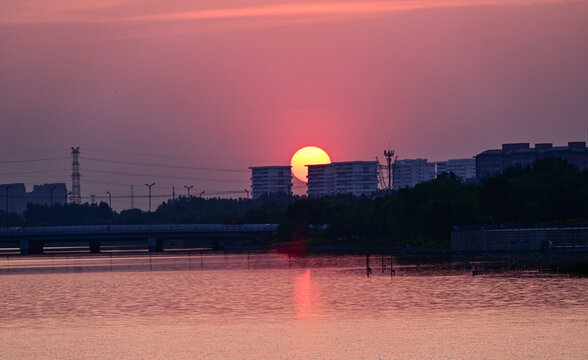 淄博孝妇河湿地夕阳景色