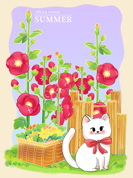 蜀葵小猫咪宠物治愈系温馨贴纸花卉插画