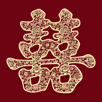 中式喜庆繁花双喜图案