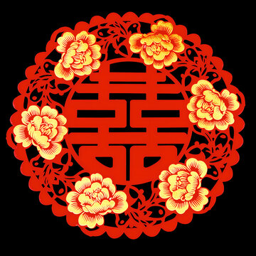 中式双喜牡丹剪纸图案
