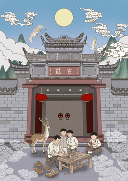 浙江宁波童氏宗祠民俗博物馆木雕手绘插画