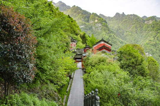 武当山山间红瓦古建与葱郁山林