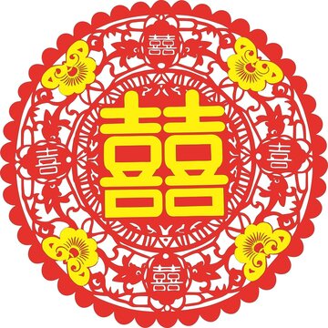 中式喜庆双喜剪纸图案