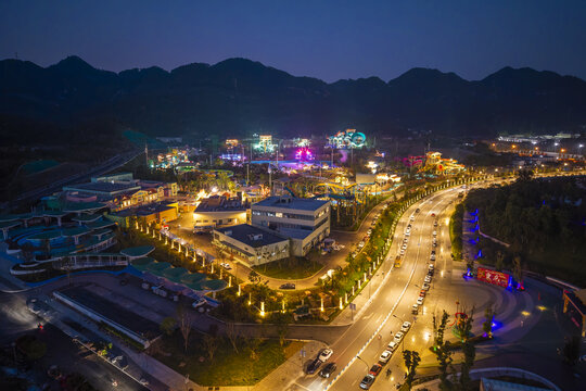 重庆璧山梦界水世界水上乐园夜景航拍