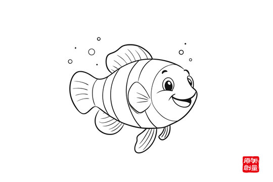 卡通小丑鱼黑白简笔画