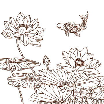 水墨风荷花锦鲤手绘线描矢量图背景图