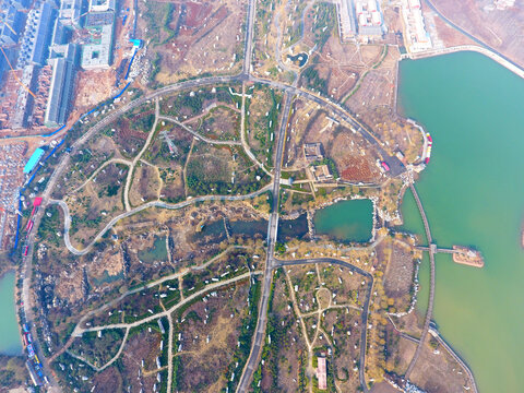 城市公园航拍俯瞰景象