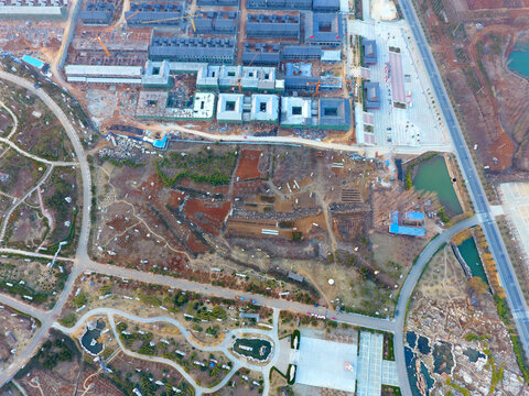 城市建设工地航空俯瞰景象