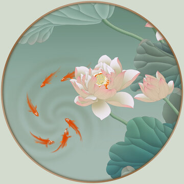 工笔荷花六鱼图