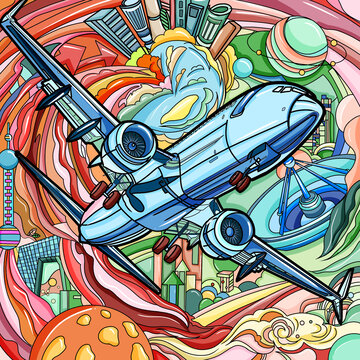 飞机插画梦幻城市星球数字信息化卫星接收