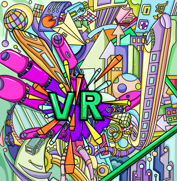 VR插画科技虚拟现实蓝色列车科幻未来轨道