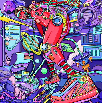 未来科幻机械人物炫彩潮流鞋霓虹科幻场景