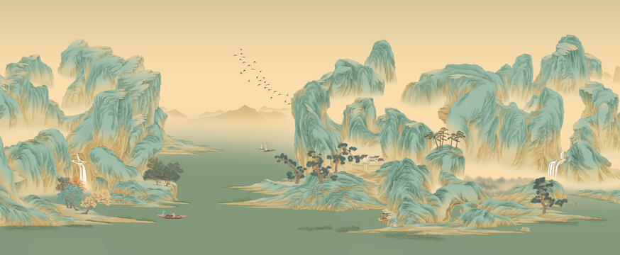 大型手绘青绿山水高清精细分层