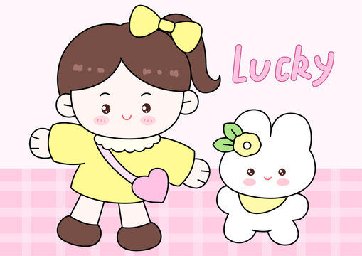 可爱小女孩和小兔子插画