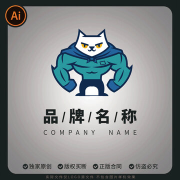 卡通肌肉猫品牌标志运动健身锻炼设计