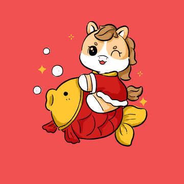 萌马骑金鱼喜庆插画新年马年2026