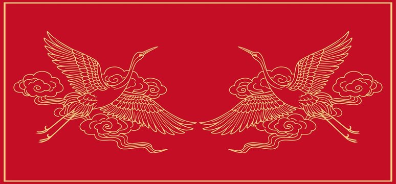 中式红底双鹤祥云图案