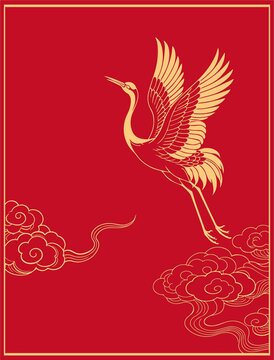 中式金鹤祥云红色插画