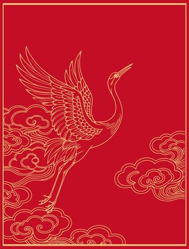 红底金纹仙鹤祥云图案