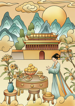 国潮江西宜春鼓楼袁州谯楼国风中秋手绘插画