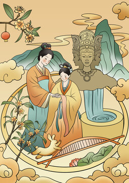 国潮江西宜春千古情女神像袁州大桥山水插画