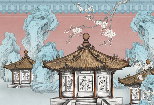 古建筑手绘中式背景墙