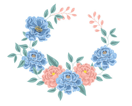 蓝粉花卉花环装饰矢量图案