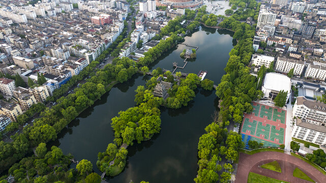 浙江临海东湖公园晨曦风光航拍