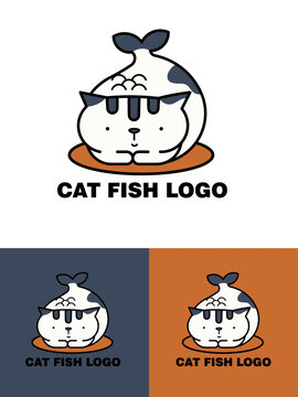 咖啡店奶茶店猫卡通LOGO猫鱼标志